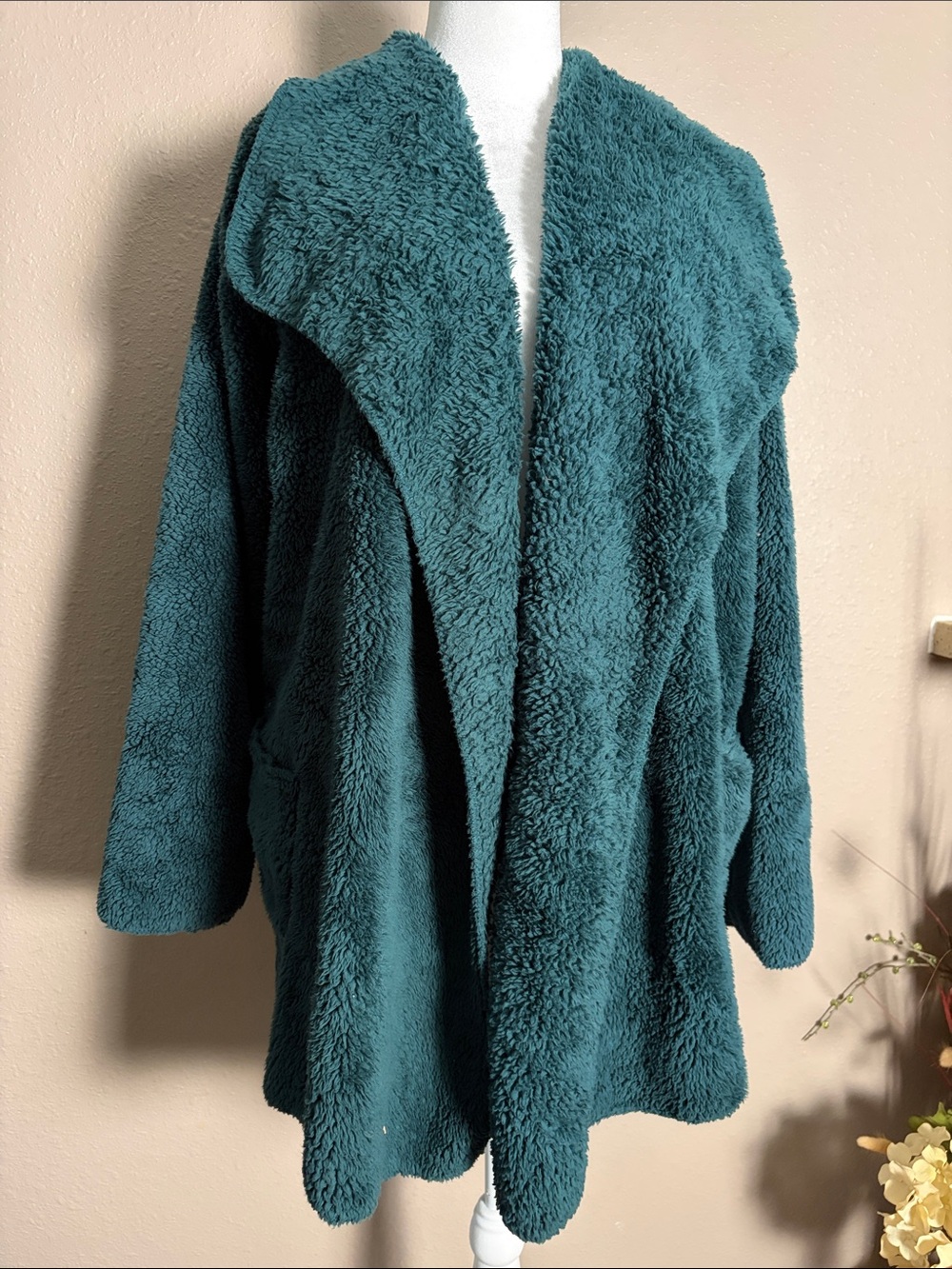 Serra Cozy L/XL Plush Open-Front Sherpa Jacket Patch Pockets Teal